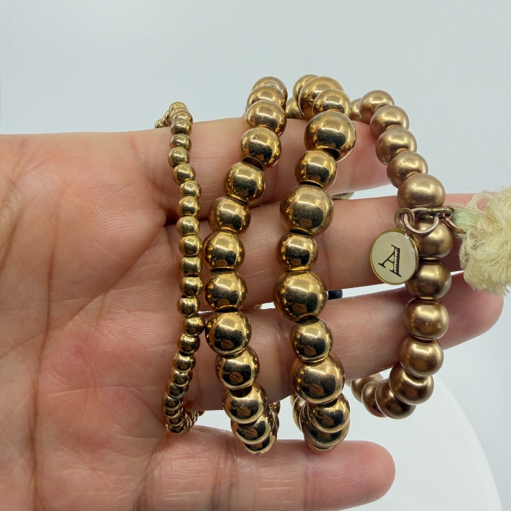 Layering Gold Tone Bead Bracelet Set Letter A Charm Tassel Jewelry Stack 4 pc